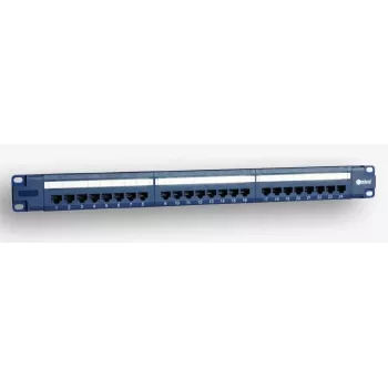 EmiterNet 19-palcový 1U 24-portový RJ45 UTP Cat.5e patch panel s úložným priestorom na káble, modrý (kompatibilný s PoE)