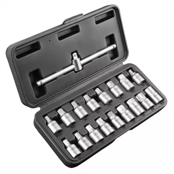 NEO TOOLS sada kľúčov na vypúšťanie oleja 3/8 palca pohon, 18-dielna, chróm-vanádium, štvorcové/šesťhranné/Torx/drážkované nástrčné hlavice, plastový kufrík