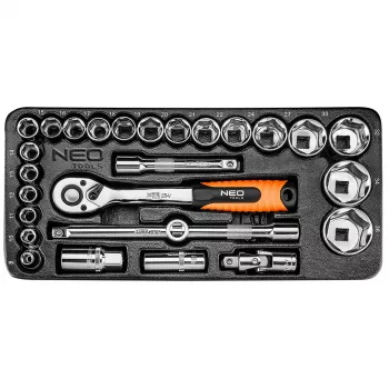 NEO TOOLS 84-238 1/2 palcová sada nástrčných kľúčov 27-dielna s račňou, nadstavcami, kardanovým kĺbom, posuvnou rukoväťou a kufrom | CrV oceľ | 10-32 mm