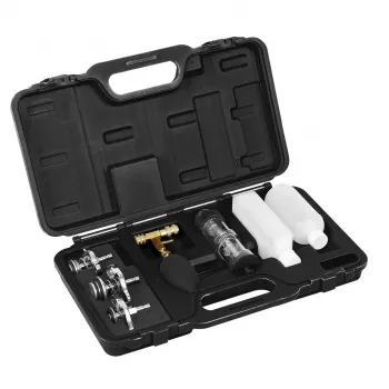 NEO TOOLS 11-271 tester úniku tesnenia hlavy valcov – súprava detektora úniku spaľovania CO2 pre benzínové, naftové a LPG motory s 250 ml bromtymolovou modrou kvapalinou, univerzálny kužeľový adaptér a 10 adaptérmi chladiča špecifickými pre značky