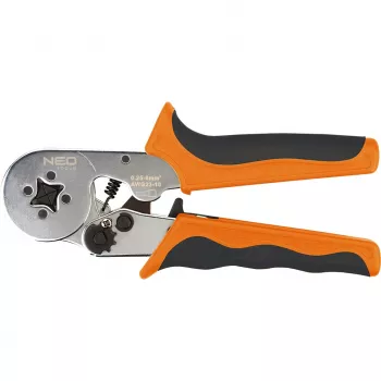 NEO Tools samonastavovacie račňové krimpovacie kliešte na dutinky 0,25-6 mm² (AWG 23-10), štvorcový krimp, ergonomická dvojkomponentová rukoväť, 200 mm