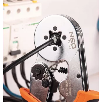 NEO Tools samonastavovacie račňové krimpovacie kliešte na dutinky 0,25-6 mm² (AWG 23-10), štvorcový krimp, ergonomická dvojkomponentová rukoväť, 200 mm