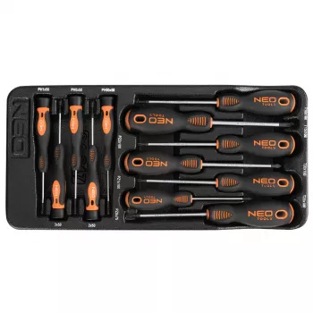 NEO TOOLS 12-dielna sada presných a štandardných skrutkovačov s PZ, TX, plochý, Phillips, magnetické hroty, chróm-vanádiová oceľ, dvojkomponentové rukoväte, úložný podnos