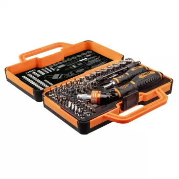 NEO TOOLS 69-dielna sada skrutkovacích bitov s račňovou rukoväťou, bity z ocele S2, 1/4 palca šesťhran, Phillips, Pozidriv, plochý, Torx, vnútorný šesťhran, štvorec, Spanner, Tri-Wing, Torq-Set, magnetický držiak, kufrík na uloženie