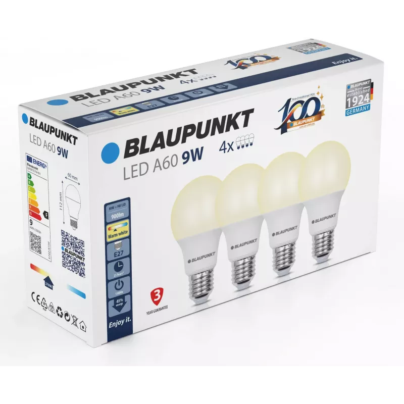Blaupunkt LED žiarovka E27 A60 9W, 900 lm, 2700 K, 4 kusy (BLAUPUNKT-E27-9W-WW-4)