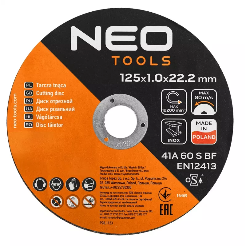 NEO TOOLS rezné kotúče 41A 60 S BF - 125x1,0x22,23 mm OCEL/INOX, 100 ks vo vedre