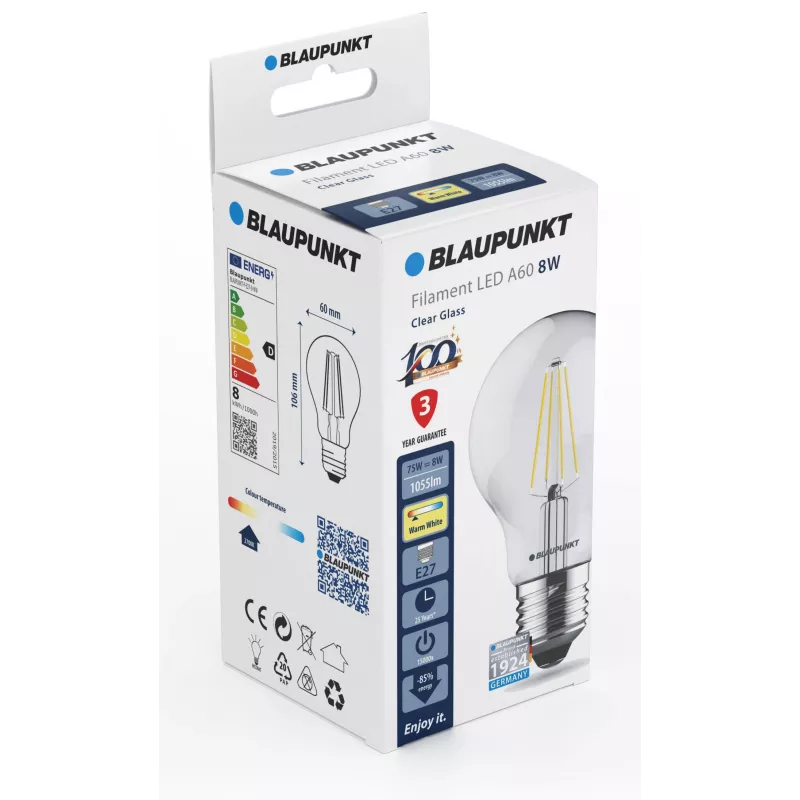Blaupunkt LED vláknová žiarovka E27 A60 8W, 1055 lm, 2700 K (BLAUPUNKT-F-E27-8-WW)