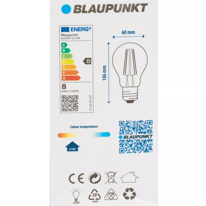 Blaupunkt LED vláknová žiarovka E27 A60 8W, 1055 lm, 2700 K (BLAUPUNKT-F-E27-8-WW)