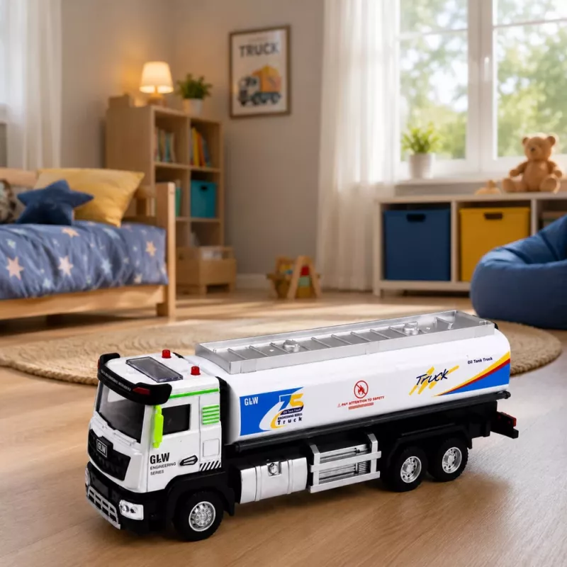 LEAN TOYS Kovová cisterna s trením pohonu, svetlami a zvukmi, modrá a biela, mierka 1:40