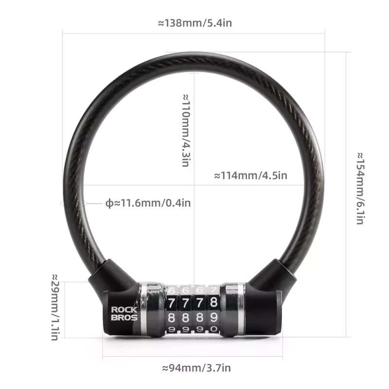 ROCKBROS 87639-4 Kombinačný oceľový lanový zámok na bicykel, čierny