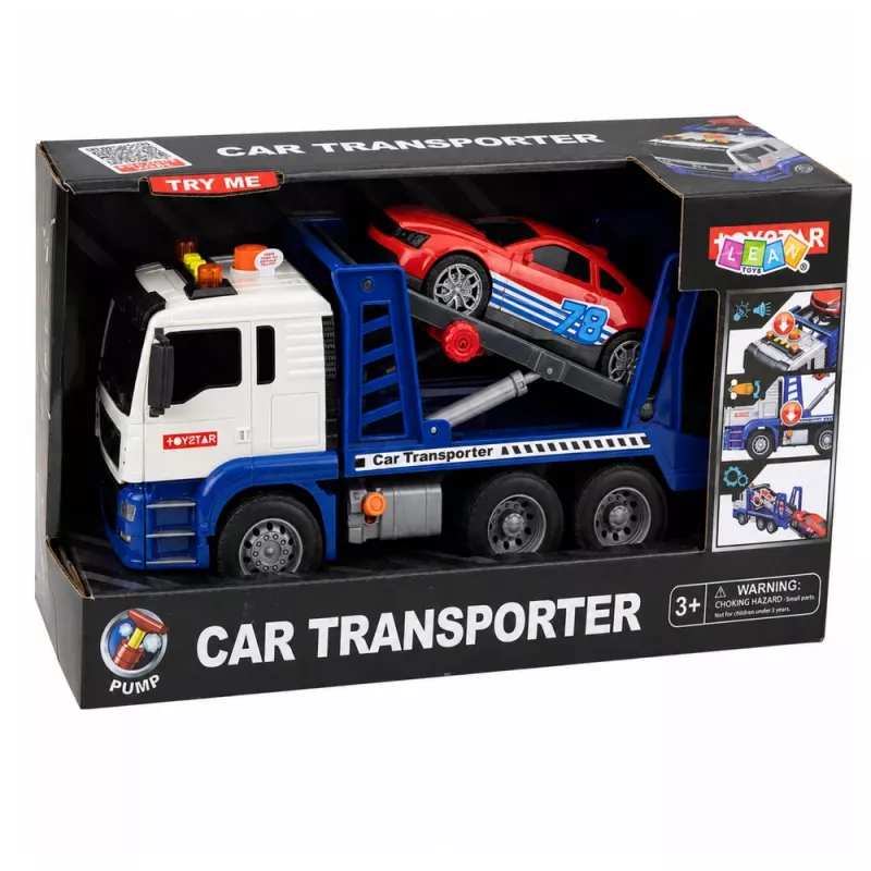 LEAN TOYS Lora odťahové auto s autom, pohonom, svetlami a zvukmi modré