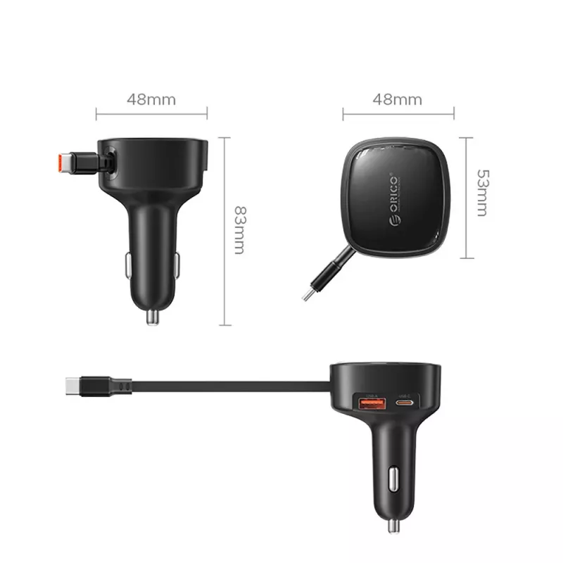 ORICO FC-66-1A2C 66W auto nabíjačka so zatahovacím USB-C káblom - čierna