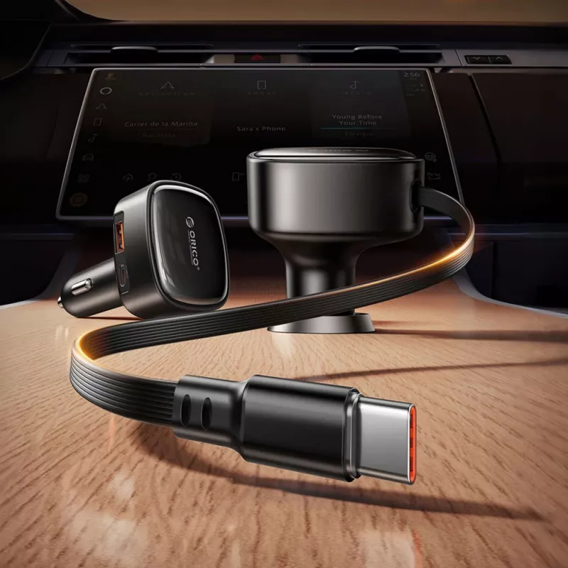 ORICO FC-66-1A2C 66W auto nabíjačka so zatahovacím USB-C káblom - čierna
