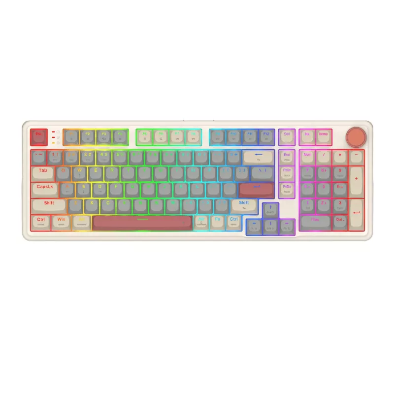 Redragon K768WGR-WL EISA 100 bezdrôtová RGB mechanická herná klávesnica, 96% layout, Hot-Swappable červené spínače, biela/sivá