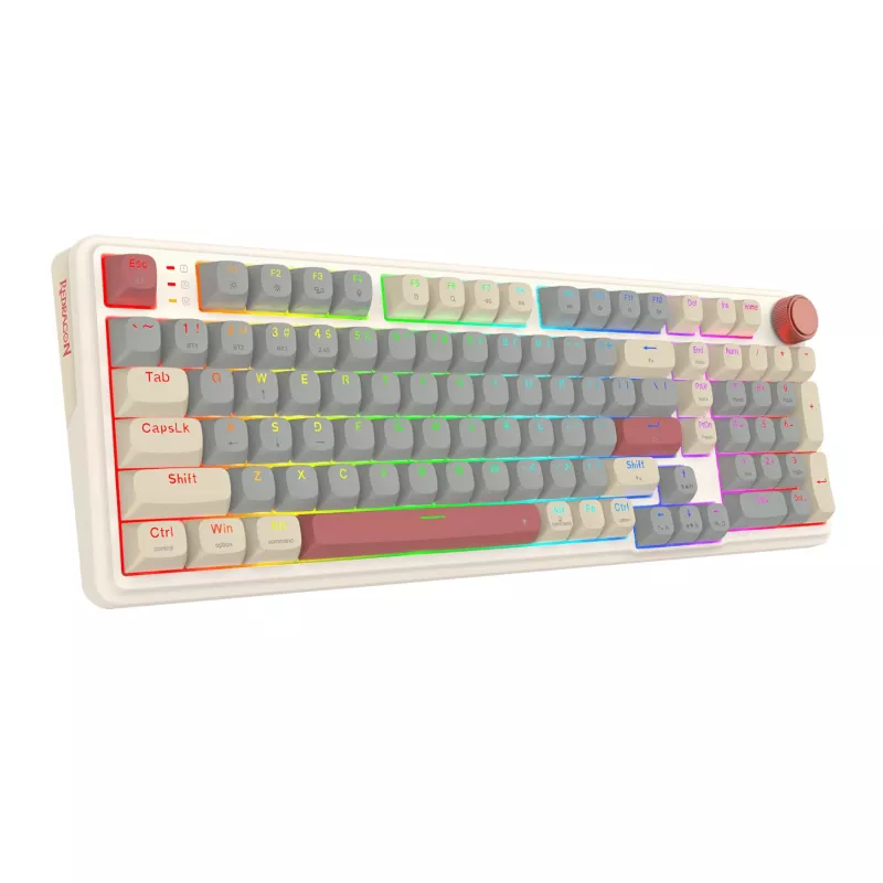 Redragon K768WGR-WL EISA 100 bezdrôtová RGB mechanická herná klávesnica, 96% layout, Hot-Swappable červené spínače, biela/sivá