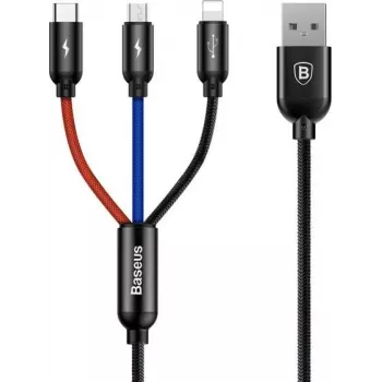 Baseus Primary Colors 3-in-1 USB 2.0 Type-A na Micro, USB-C & Lightning kábel 30cm čierny/červený/modrý