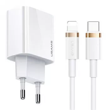 USAMS T34 20W USB-C PD nástenná nabíjačka so súpravou kábla U63 USB-C na Lightning - biela