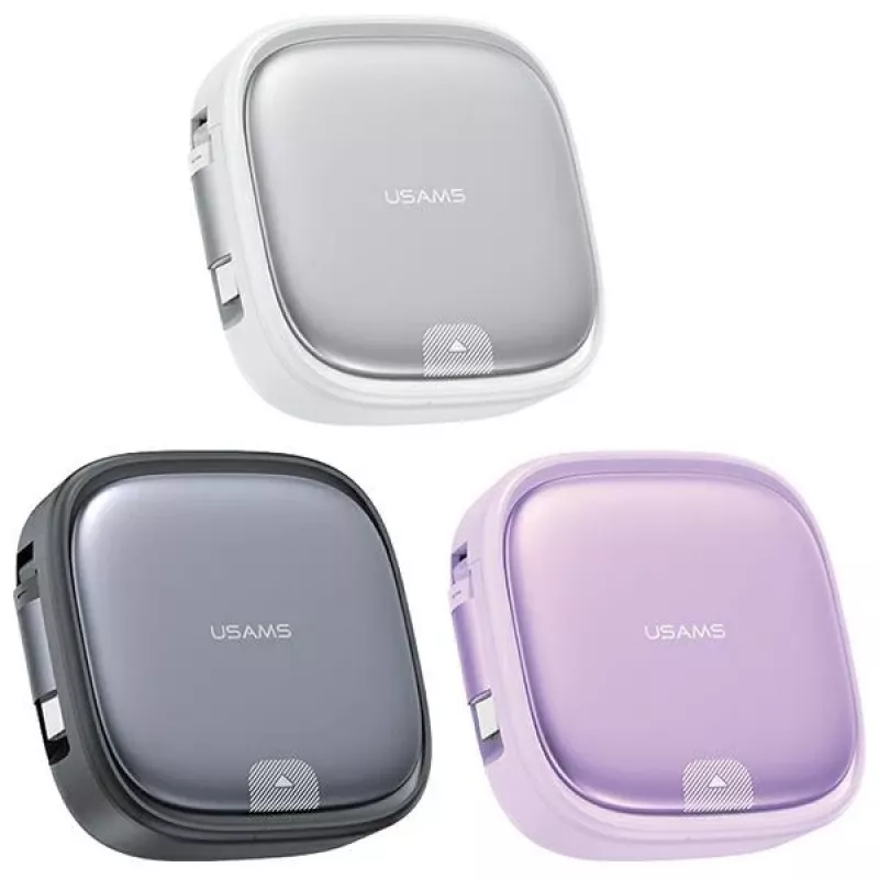 USAMS zatahovací 3-in-1 nabíjací kábel s úložnou krabičkou - USB-A na USB-C/Lightning/Micro USB, 60W, strieborný