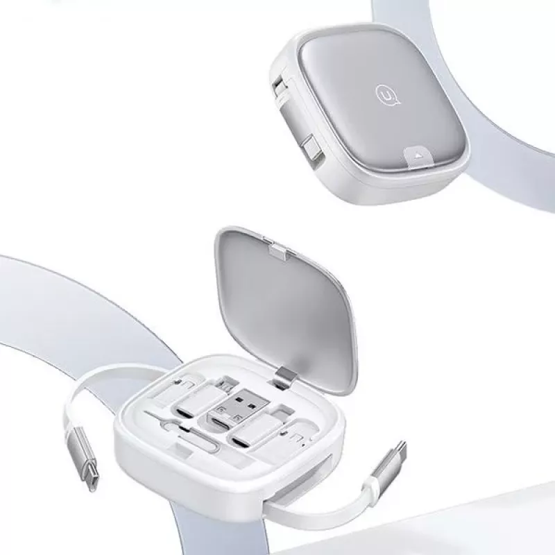 USAMS zatahovací 3-in-1 nabíjací kábel s úložnou krabičkou - USB-A na USB-C/Lightning/Micro USB, 60W, strieborný