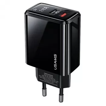 USAMS 20W dvojportová USB-C PD3.0 + USB-A QC3.0 nástenná nabíjačka (EU konektor, čierna)