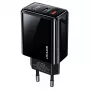 USAMS 20W dvojportová USB-C PD3.0 + USB-A QC3.0 nástenná nabíjačka (EU konektor, čierna)