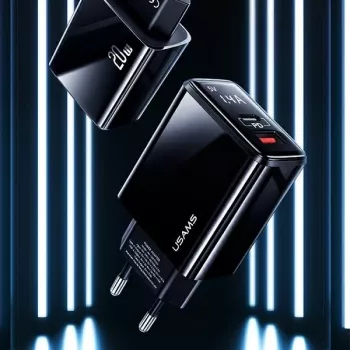 USAMS 20W dvojportová USB-C PD3.0 + USB-A QC3.0 nástenná nabíjačka (EU konektor, čierna)