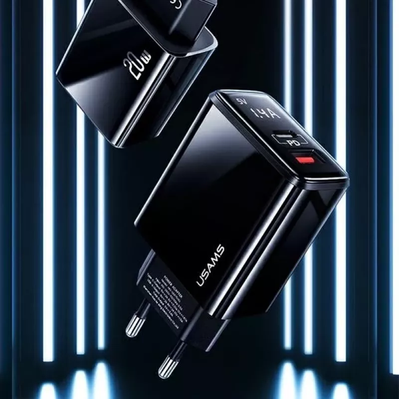 USAMS 20W dvojportová USB-C PD3.0 + USB-A QC3.0 nástenná nabíjačka (EU konektor, čierna)