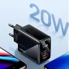 USAMS 20W dvojportová USB-C PD3.0 + USB-A QC3.0 nástenná nabíjačka (EU konektor, čierna)