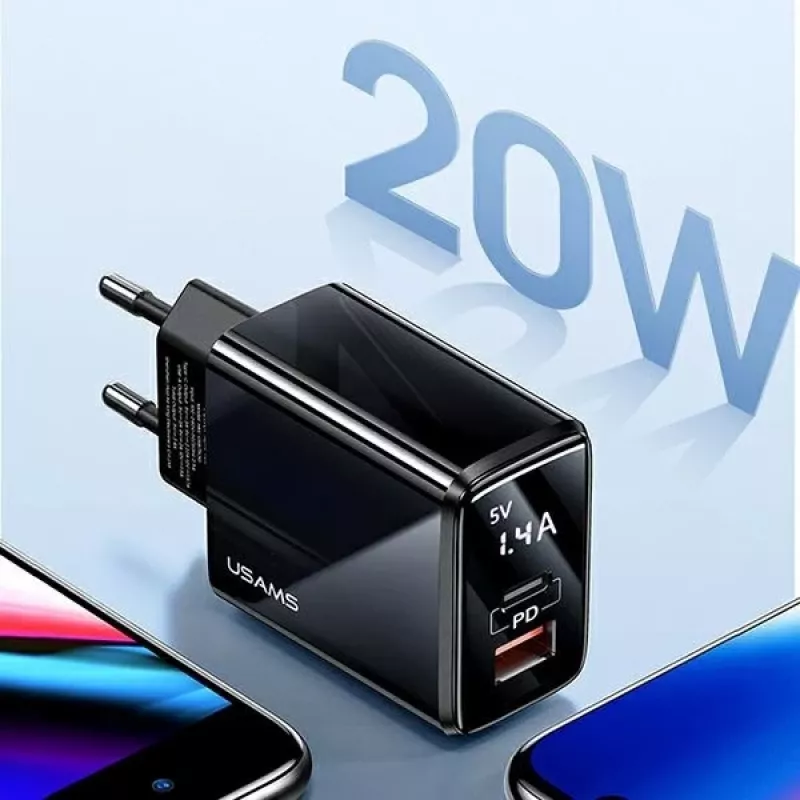 USAMS 20W dvojportová USB-C PD3.0 + USB-A QC3.0 nástenná nabíjačka (EU konektor, čierna)