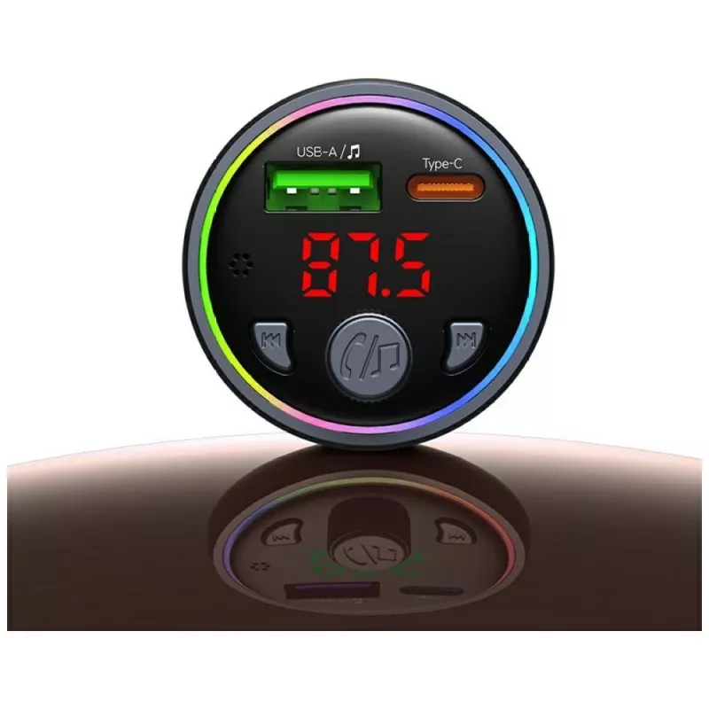 USAMS CC328 30W Bluetooth FM transmitter auto nabíjačka s USB-C PD a USB-A QC3.0, handsfree, LED displej, čierna