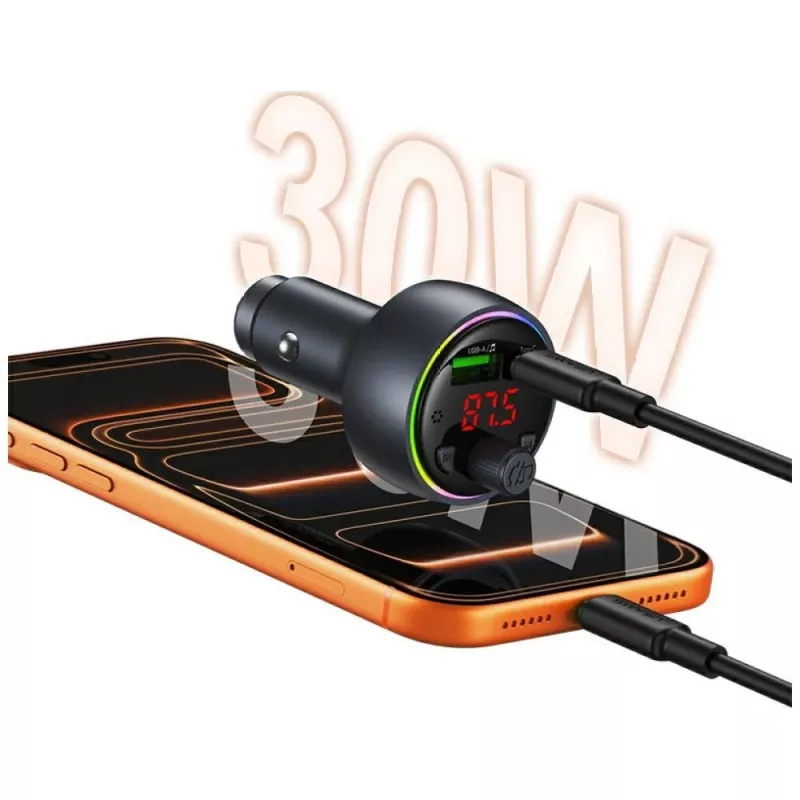 USAMS CC328 30W Bluetooth FM transmitter auto nabíjačka s USB-C PD a USB-A QC3.0, handsfree, LED displej, čierna