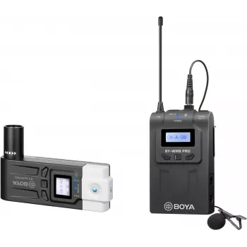 BOYA BY-WM8 Pro-K7 dvojkanálový UHF bezdrôtový systému klopových mikrofónov so 48 kanálmi, dosah 100 m, prijímač montovateľný na kameru (568-590 MHz)
