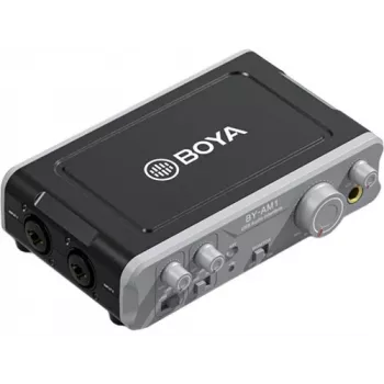 BOYA BY-AM1 2-kanálové USB-C audio rozhranie so vstupmi XLR/TRS, +48V fantómovým napájaním a Direct Monitoring