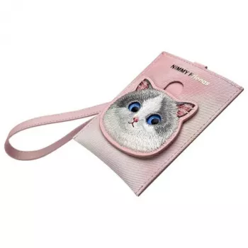 NIMMY Big Eyed Pet 2.0 mačka ružová PU kožená peňaženka na karty s 6 priehradkami na karty, priehradkou na mince a zipsom