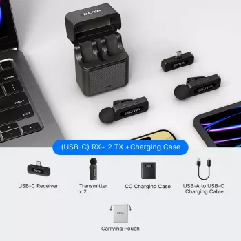 BOYA BY-V30 bezdrôtový lavalierový mikrofónový systém pre zariadenia USB-C, 2,4 GHz, dosah 50 m, 9 hodín batéria, potlačenie šumu, čierna