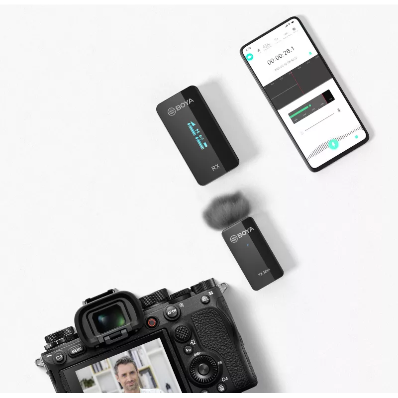 BOYA BY-XM6-S1 Mini 2,4 GHz bezdrôtový mikrofónový systém s lavalier mikrofónom, OLED prijímač, dosah 100 m