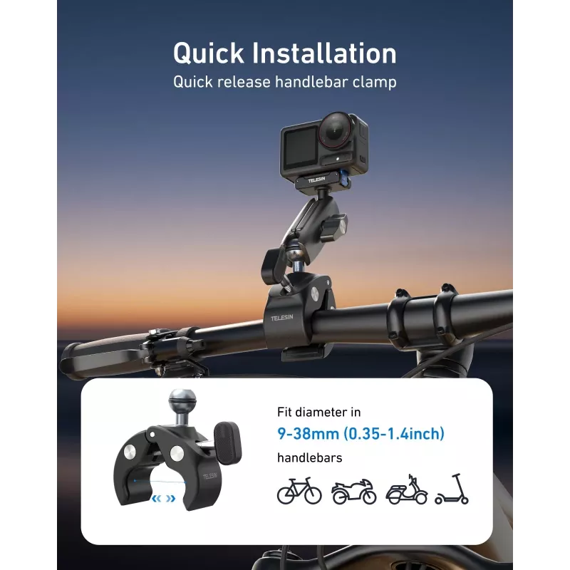 TELESIN Magic Arm Clamp Mount pre DJI Osmo Action 5 Pro/4/3, Osmo 360, GoPro, Insta360 – S3-HBM-14-TDJ