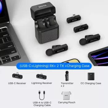 BOYA BY-V3 Combo 2,4 GHz bezdrôtový mikrofónový systém s 2 vysielačmi a 2 prijímačmi (Lightning & USB-C) - čierny
