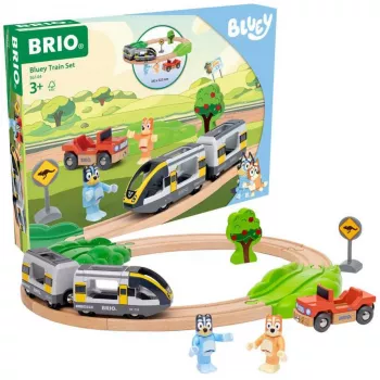 RAVENSBURGER World - Bluey vláčik | drevená hračka vláčik s figúrkami Bluey a Bingo | 3 diely | FSC certifikované | kompatibilné s BRIO World