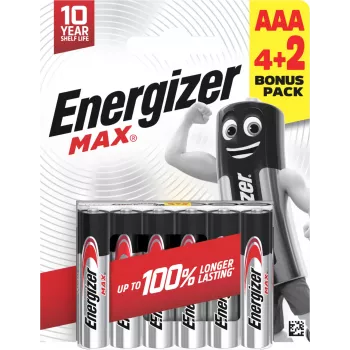 Energizer Max AAA alkalické batérie, 1,5 V, balenie 6 ks (4+2)