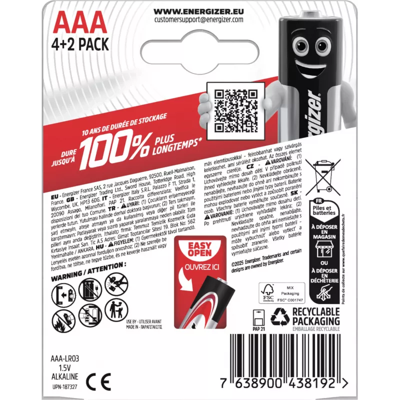 Energizer Max Alkalické batérie AAA, 1,5 V, balenie 6 ks (4+2)