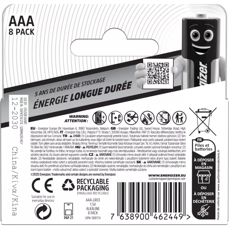 Energizer Everyday alkalické batérie AAA/LR03, balenie 8 kusov (DHP8)