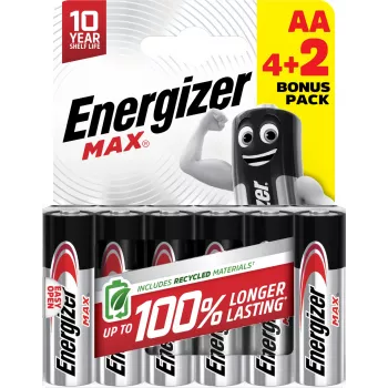 Energizer Max AA alkalické batérie, 1,5 V, balenie 6 ks (4+2)