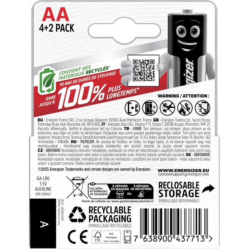Energizer Max alkalické batérie AA, 1,5 V, balenie 6 ks (4+2)