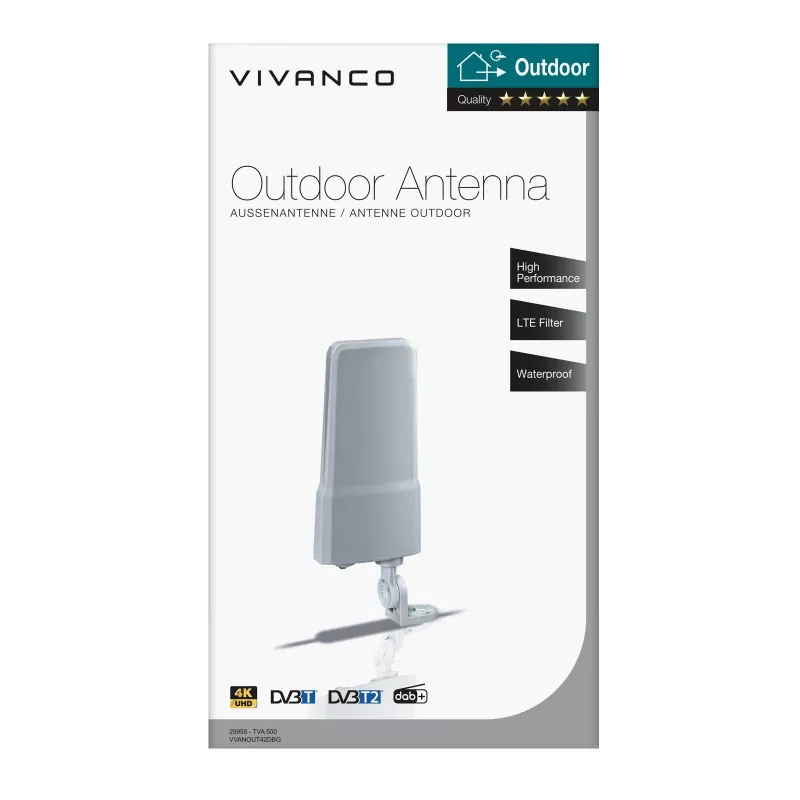 Vivanco VVANOUT42DBG aktívna vonkajšia anténa pre DAB/DAB+ a DVB-T/DVB-T2, zosilnenie 42 dB, F konektor, čierna/sivá