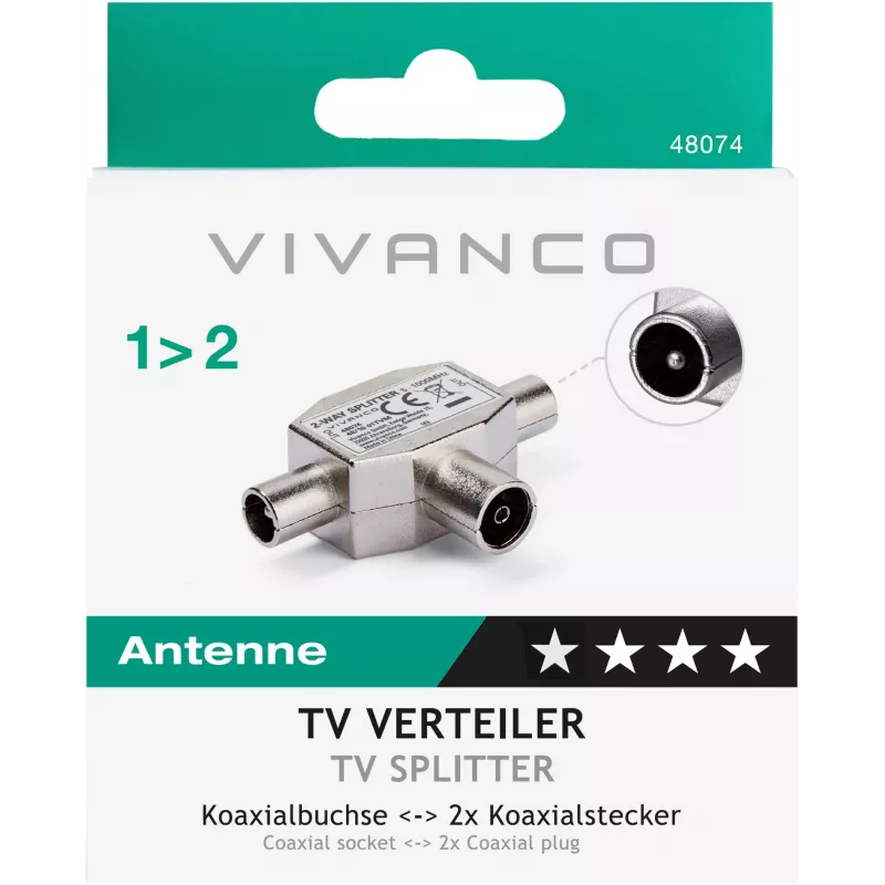 Vivanco tienený 2-cestný rozbočovač TV antény, koaxiálna zásuvka na 2 zástrčky (VVANSHILD2M1F)