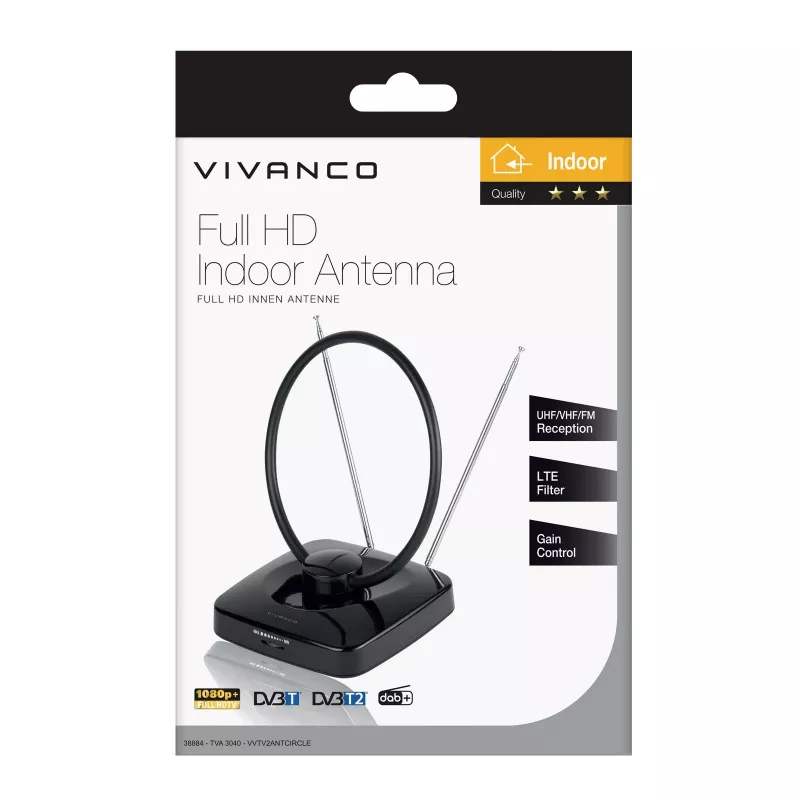 Vivanco VVTV2ANTCIRCLE vnútorná anténa pre DVB-T/T2, DAB/DAB+ a FM rádio, čierna
