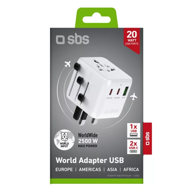 SBS univerzálny cestovný adaptér s 2x USB-C PD 20W a 1x USB-A QC 18W, 35W celkový výkon, biely