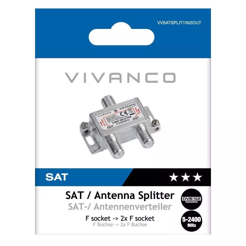 Vivanco VVSATSPLIT1IN2OUT satelitný rozbočovač 1 vstup 2 výstupy 5-2400 MHz F-konektor