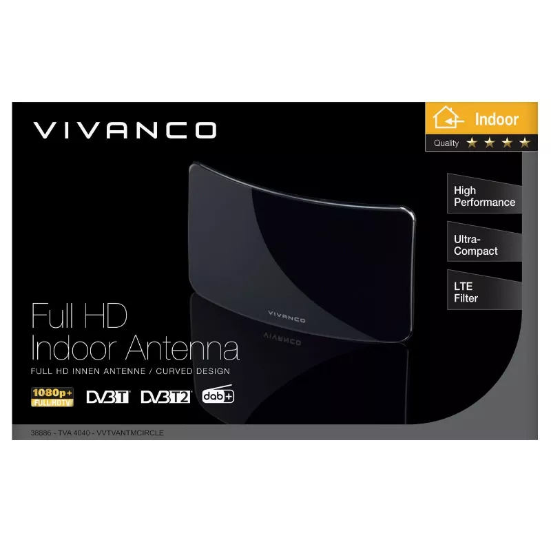 Vivanco VVTVANTMCIRCLE vnútorná anténa pre DVB-T/T2 so zosilnením 28 dB, filter LTE/4G/5G, podpora DAB/DAB+, čierna